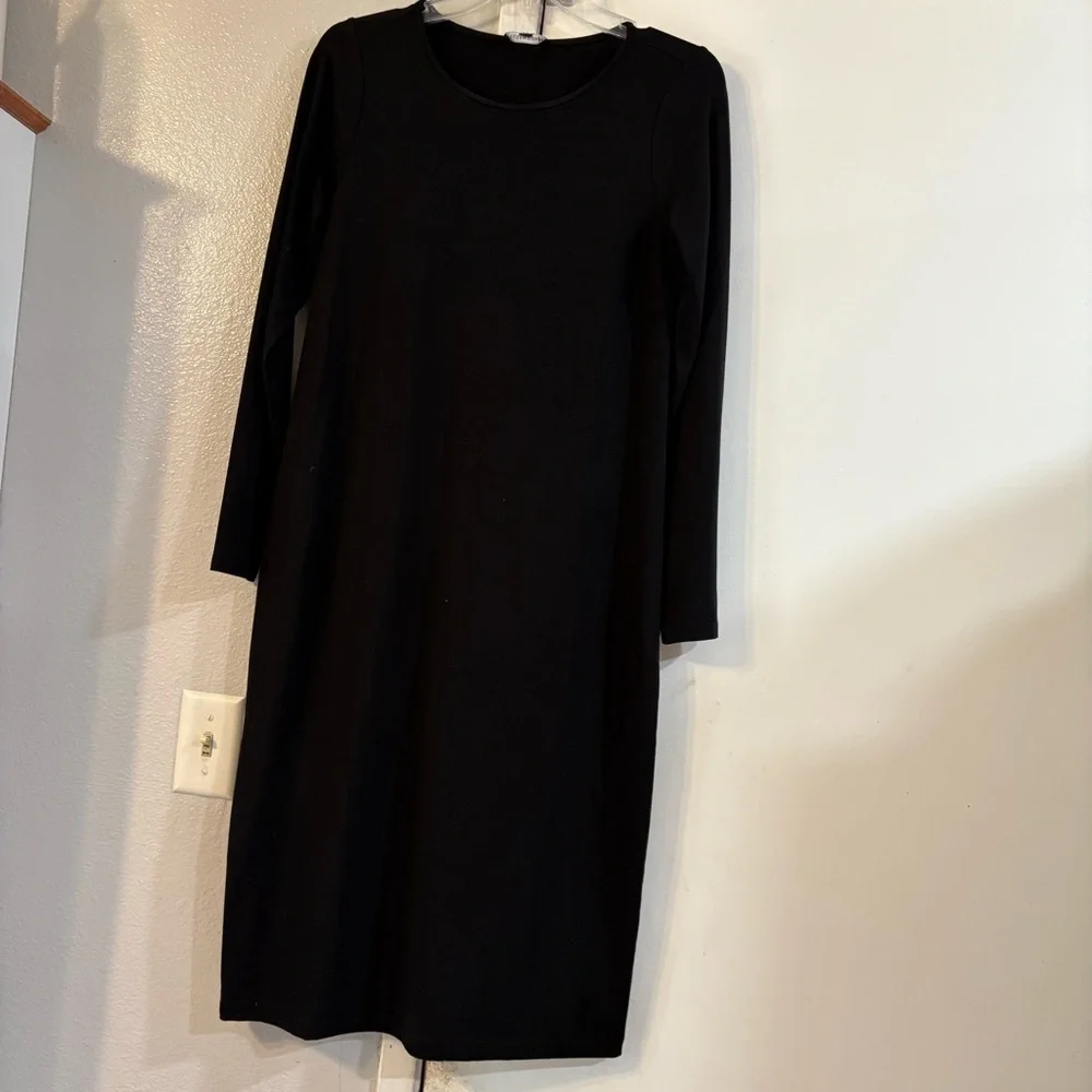 Eileen Fisher Petite Small SP Stretch Jersey Knit Jewel Neck Dress Black Midi - Picture 3 of 9